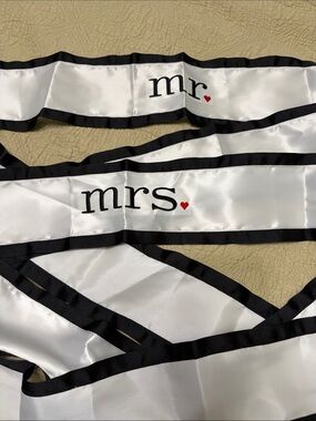 Mr. & Mrs. Satin chair Sashes - White with Black Trim and Red Heart